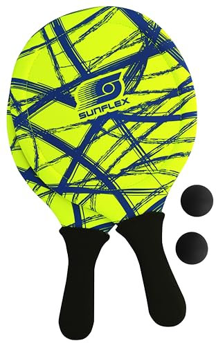 Sunflex® Jerseyprene Beachball Set Funky Crossed mit Zwei Schlägern und Zwei Bällen | weich und leicht | extrem robust und wasserfest | Schlägerspiel für Strand und Wiese