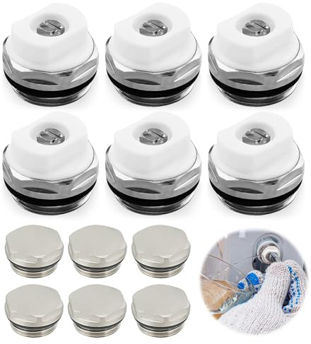 PORFOYO 6 purgadores de radiador 6 tapones de purga, válvulas de purga de radiador de 1/2 de latón niquelado, válvulas de calefacción, tapones de radiador, tapones de obturación