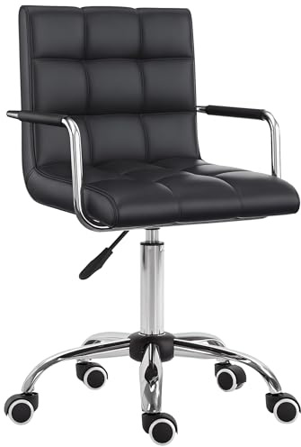 Vinsetto Makeup Vanity Chair, PU Leather Mid Back Office Chair with Adjustable Height, Armrest and Rolling Wheels, Black