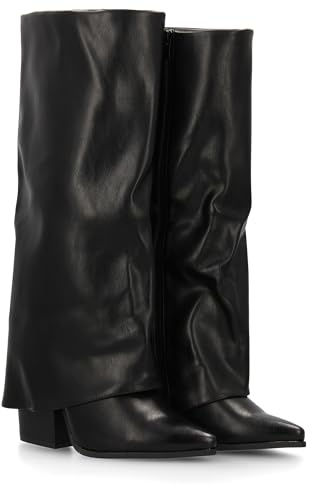 shoes&blues.es 96189 Bota Alta de Tacon para Mujer con Diseno Moderno con Acabado Efecto Arrugado, Elegante con Punta Fina y Tacon Ancho bajo. Ideal para Temporada Otono Invierno. Negro Talla 39