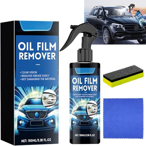 Vkwcck Pulitore Vetri Auto 100ML, Spray Rimuovi Film d'Olio per Parabrezza, Pulitore per Vetri Auto e Specchietti, Pulizia Senza Aloni, Idrorepellente Vetri Auto, con Spugna e Panno