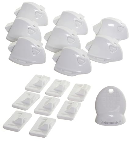 Dreambaby Adhesive Mag locks (8-Pack 1 Key) - Child Proofing Cabinet Magnetic Latches - White- Model L859