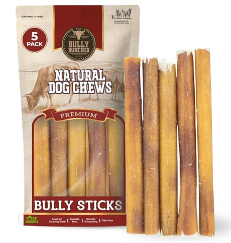 Bully Bunches Premium (6 Standard - 5 Pack) Odor-Free Bully Sticks for Small to Medium Dogs & Puppies - Consistently Sized, Long Lasting Chews for Oral Care - All Natural, 100% Beef Dog Treats