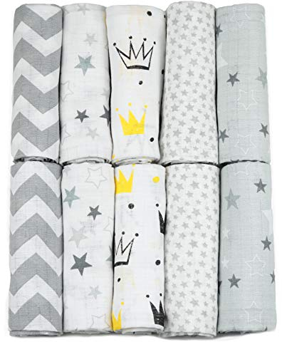 FENSILO Baby Spucktücher, Mullwindeln, Mulltücher 10er,Mehrfarbig, Mullwindeln - 10er Pack 70x80 cm Neugeborene Baby Gesichtstücher Saugfähig Junge Mädchen Sabberlätzchen Saugfähig (grau)