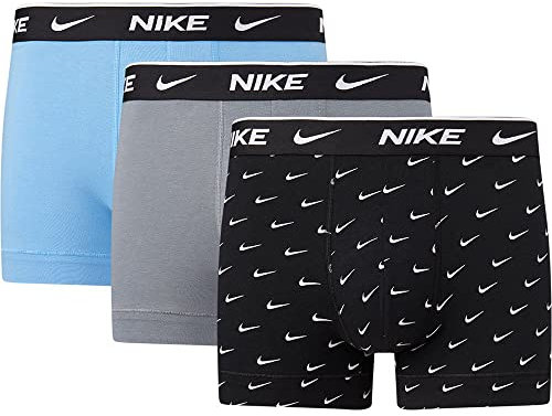 Nike Herren Everyday Cotton Stretch Trunks 3Pk, Swoosh Print/Grey/Uni. Blue, XL