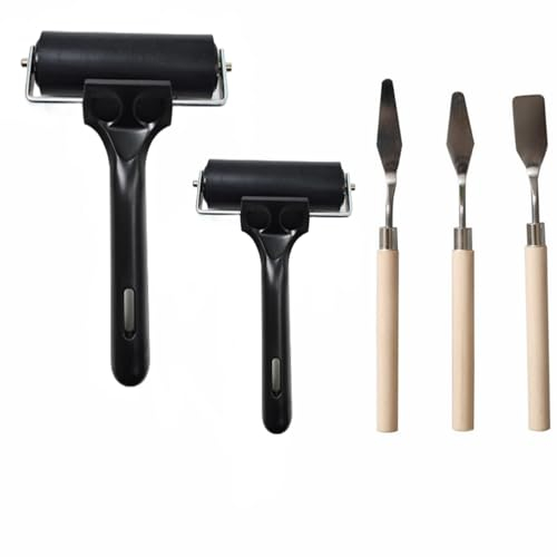 Accfore 2 Stück Weichgummi-Brayer mit 3 Spachteln, Gummi-Kleberwalze für Druckherstellung, Tinte, Malblock, Stempeln, Kleben, Tapeten und Kunst und Handwerk, 6,1 cm und 10,2 cm, schwarz