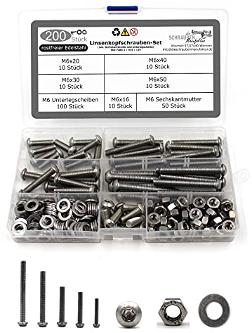 200 teiliges Set aus Linsenkopfschrauben mit Innensechsrund/Torx (TX) nach Norm ISO 7380-1 + Sechskantmutter DIN 934 und Unterlegscheibe DIN 125 Edelstahl Größe M6