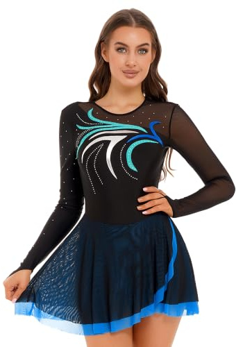 Nyeemya Vestido de Patinaje Artistico Leotardos Danza Maillot con Falda Ballet Mujer Vestido Gimnasia Ritmica de Manga Larga Maillot Competición Disfraz de Bailarina Azul Verde M