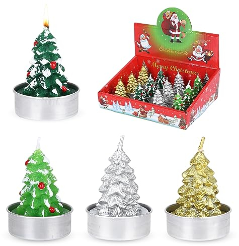 12pcs Christmas Tree Tea Light Mini Christmas Unscented Tealights Christmas Candles Gift Set Xmas Tealight Candle for Christmas Table Centerpieces Home Decoration Gifts