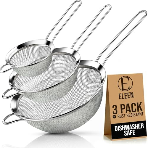 ELEEN Coladores de malla fina de acero inoxidable de alta calidad para cocina, juego de 3 piezas con mango antideslizante, tamices pequeños, medianos y grandes, coladores y tamiz para tamizar, colar