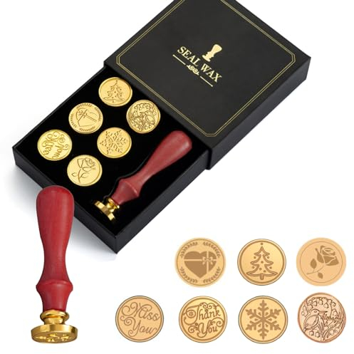 Wachssiegel Stempel Set, 7 Stück Wachs Stempel 1 Holzgriff Wachssiegel Set, Kupfer Wachs Siegel Stempel Kit Siegelstempel Set für Umschlag Hochzeit Einladung Brief Geschenkverpackung (Schwarz)