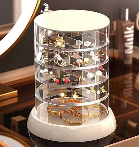 YIEZI 5 Couches Boîte à Bijoux Femme Ronde Coffret à Bijoux, Boite Ronde Rangement Acrylique, 360 Degrés Organisateur Bijoux pour Bagues Boucles d'oreilles Colliers