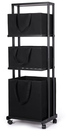 Yorbay Cestos para la Colada，Estantería de Baño en Bambú con Ruedas, 121x42x34cm, Para Ropa Sucia, Armario con Cesta para Organización de Colada (Negro)
