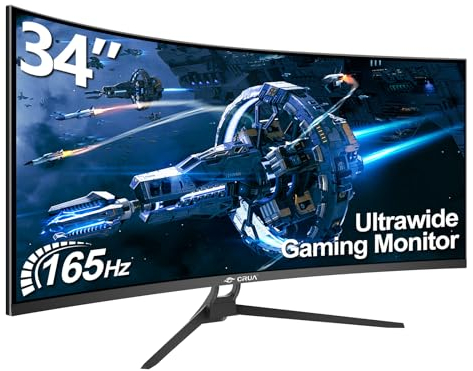 CRUA 34 Zoll UltraWide Curved Gaming Monitor, WQHD 3440x1440, 165Hz, 1ms VRB,FreeSync Premium, 1500R Krümmung, DP 1.4 & HDMI, Randloses Design für Ultimatives Gaming-Erlebnis