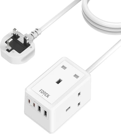 3M Extension Lead With USB Slots, FDTEK Mini Plug Extension Socket with 3 AC Outlets and 4 USB Slots, 13A/3250W Wall Mount Power Strip With 3 Metre Extension Cable for Travel Home Office