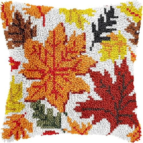 WallustrioaW Kits de gancho de pestillo DIY cojín hojas de arce de otoño,Kits de alfombras autoanudables con kit de almohadas,Cojines de Ganchillo,43x43cm