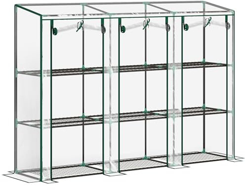 Outsunny Invernadero Pequeño Invernadero de Exterior con Estantes de 3 Niveles 3 Puertas con Cremallera Techo Inclinado y Marco de Acero para Cultivar Plantas Flores 215x46x151 cm Transparente