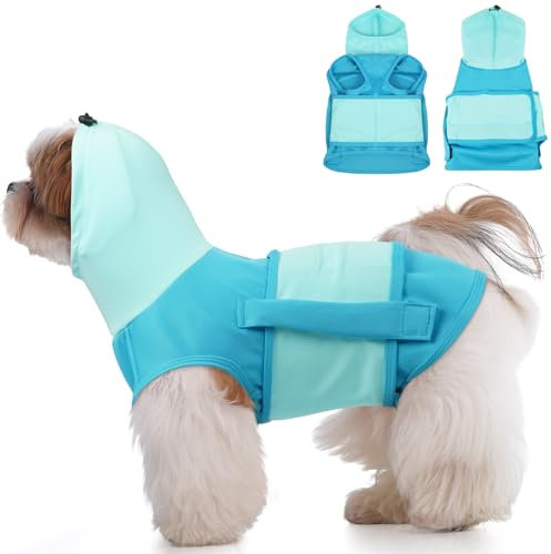 DENTRUN Beruhigungsweste für Hunde, Hundemantel für ängstliche, Hundemantel Mit Beruhigender Kapuze und Ohrenschutz, Gehen Sie Raus, Feuerwerk (Blau, S)