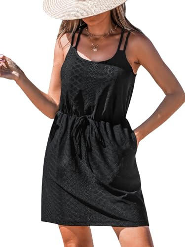 CUPSHE Dam baddräkt täcka ärm spagettiremmar sommar mini strand klänning slips midja täckning för badkläder, Svart, M