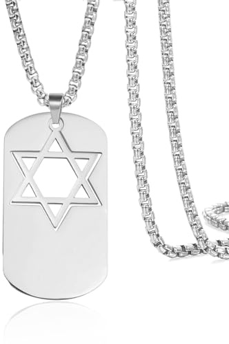 VASSAGO Estrella de David collar para hombres 2 color judío estrella escudos colgante Acero inoxidable hexagrama perro etiqueta religiosa amuleto (plata)