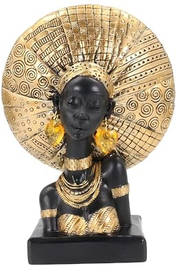 Dwelloria African Lady Bust Statue with Golden Headwrap – Resin Tribal Woman Sculpture for Home Decor, Black and Gold Figurine for Shelf, Table, Office, Living Room, Gifts for Women