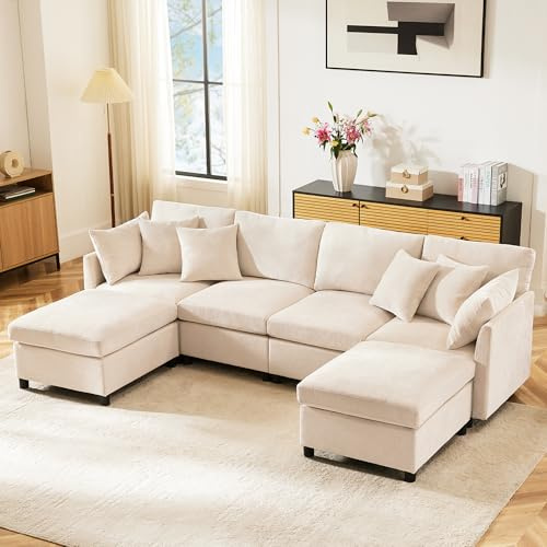 Sapgaks - Sofá de 4 plazas moderno de tela de chenilla con reposapiés extraíble, sofá esquinero en L/U, sofá modulable, adecuado para casa, salón, apartamento (E-Beige)