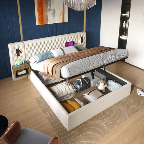 VSOGA Sängsystem sovrum komplett uppsättning, stoppad säng, hydraulisk förvaringssäng dubbelsäng 160 × 200 cm med 2 sängbord, sänggavel lä med USB-laddningsfunktion, beige, sammet