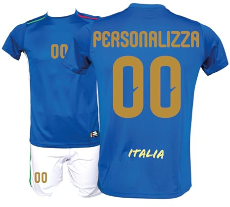 Generico Kit Maglia Italia Calcio da Personalizzare e Pantaloncino, Blu con Stampe in Oro, Replica Maglietta Nazionale Italiana, Taglie da Bambino (IT, età, 12 Anni, Regular)