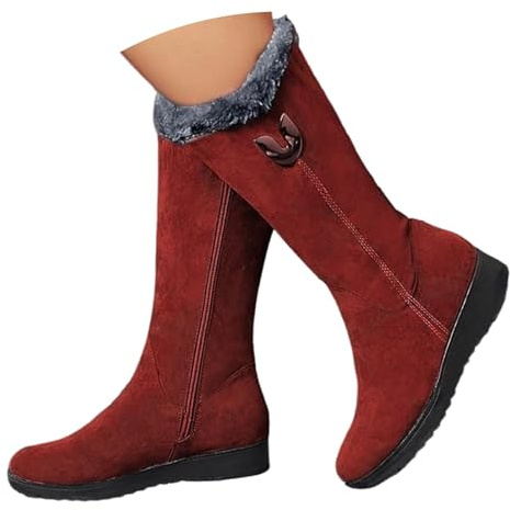 Generisch Stivali invernali da equitazione da donna fino al polpaccio, tacco con plateau, fodera in pile termico, chiusura lampo laterale, stivali caldi per il freddo, Colore: rosso, 39 EU