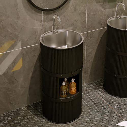 TAXXII Lavabo Redondo con Pedestal, Lavabo Independiente para baño, estación de Lavado de Manos, Lavabo Brillante, Mueble bajo Completo (Color: Negro)
