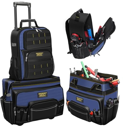 Sac a Outils à Roulettes 21 Pouces+Sac à Dos à outil 18 pouces AIRAJ,Poignée Télescopique Réglable,Sac Outils Imperméable,Sac à Dos à Outils Robuste,1680D Tissu Oxford,Port de Recharge USB,55 Poches