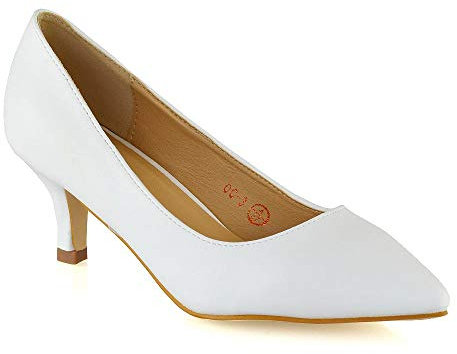 ESSEX GLAM Womens Kitten Heel Court Shoes Ladies Pointed Toe Low Heel Formal Evening Pumps Shoes 3-8 White Synthetic Leather