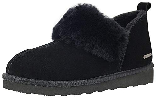 PAMIR Women's Winter Warm House Shoes & Slipper Boots - Indoor Outdoor Ankle Booties with Genuine Suede, Sheepskin Trim & Memory Foam (Black, Size 11 US)