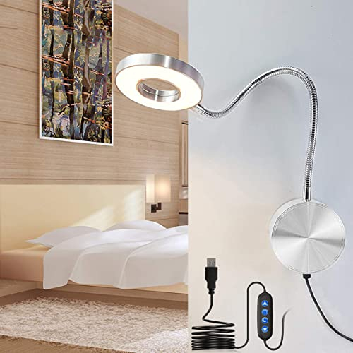 LANMOU Leselampe Wand - 5W LED Wandlampe mit Stecker - Dimmer & 3 Farbtemperaturen - Leselampe Bett - 40cm Schwanenhals Lampe - USB-kabel - 420LM - Nachttischlampe Aluminium - Augenschutz - Silber