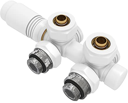 EMKE Multiblock Radiator Valve Fittings, Tap Block Heating Accessories Corner and Passage Shape 50 mm, Valve Tap Block Radiator Valve with Thermostat (for 16 mm Pipes x G1/2 Inch, 1 Piece, White)