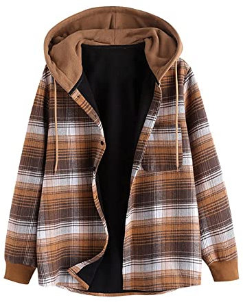ZAFUL Casual Plaid Fleece Jacke Flanell Gefüttert Unisex Herren Kordelzug Hooded Fuzzy Hoodie, braun, Medium