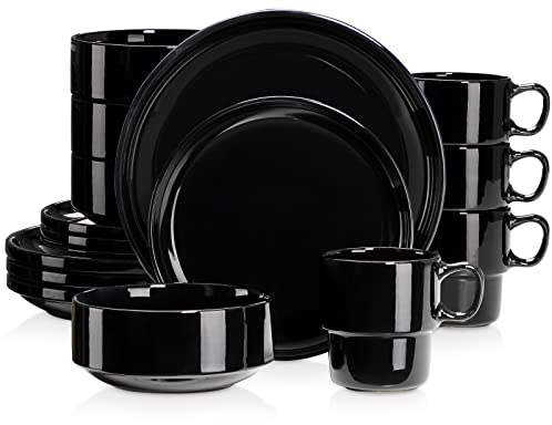 LOVECASA Porcelain Dinner Set 16-Piece Combination Service, Dinnerware Set for 4 People | Dinner Plates, Cups, Dessert Plates and Bowls, Black