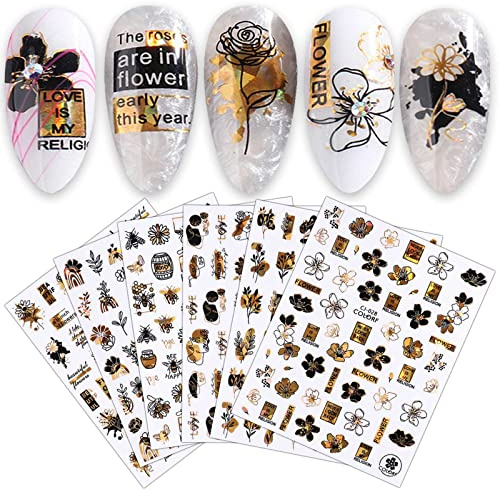 9 Sheets Gold Flower Nail Art Stickers Decals Self-Adhesive Spring Summer Floral Leaf Rose Lady Face Design Manicure Tips Nail Decoration for Women Girls