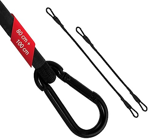 ECENCE 2x spänngummi med karbinhake 1x 100cm + 1x 80cm in svart Spännband av gummi, spännband för bagage, expander, spännrep för cykel, bil, bagage, transportsäkerhet