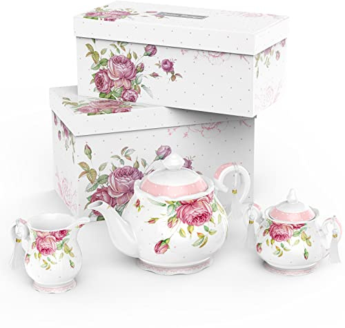 London Boutique Large Teapot Milk Jug Sugar Bowl Afternoon Tea Set Teapots Set New Bone China Vintage Flora Gift Box 1300ml (Whole Set)
