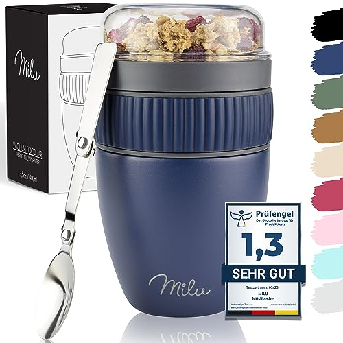 Milu Müslibecher to go 400ml MüsliMax I isolierter Edelstahl Joghurtbecher für Müsli I auslaufsicherer Becher mit Löffel für Yoghurt/Porridge (Navyblau)