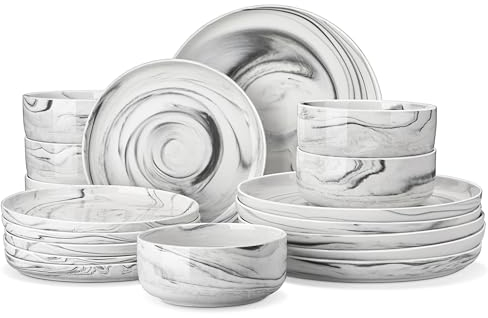 MALACASA Vajillas Elegantes 18 Piezas, Mármol Juegos de Platos para 6 Personas con 6 Plato/Plato de Postre/Cuencos de Cereales, Apto para Microondas y Lavavajillas, Serie LUNA
