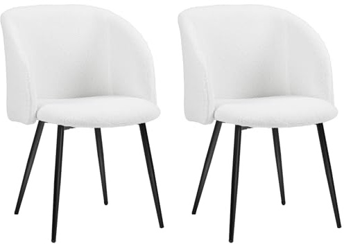 HOMCOM Lot de 2 chaises de Salle à Manger Chaise de Cuisine en Tissu Effet Laine boucleé Chaise de Salon avec Pieds en Acier - 55 x 62 x 80 cm Blanc Noir