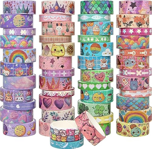 Biuunsf 50 rullar Washi-tejp, silver, söt Washi-tejp för scrapbooking, kuldagbok, planerare, gåva, regnbågsmaskering dekorativ tejp för barn