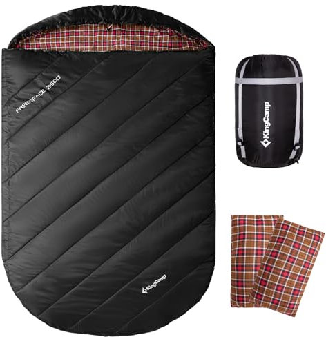 KingCamp Doppelschlafsack Flanell mit Kissen, Schlafsack 2 Personen, Schlafsack 3-4 Jahreszeiten, wasserfest, warm und komfortabel, verpackbar Schlafsack Outdoor,Schwarz
