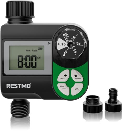 Restmo Minuteur d'arrosage avec 3 programmes séparés, minuterie d'arrosage programmable de 7 jours pour tuyau d'arrosage, contrôle automatique/manuel/retard de pluie pour irrigation goutte à goutte