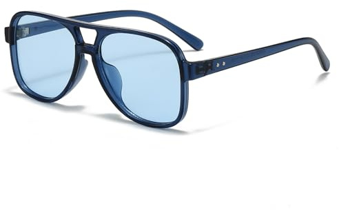 Long Keeper Gafas de Sol Piloto Mujer Hombre Gafas de Sol Retro Años 70 Doble Puentes Gafas Piloto Vintage Cuadradas 70s Estilo Protección UV400, 58mm (Montura Azul Claro - Lente Azul)