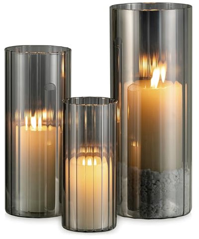 Glasseam Windlicht Glas Windlichter Schwarz: 3er Set Glaszylinder für Kerzen Windlicht Outdoor Kerzenhalter Zylinder Kerzengläser Vase für Tischdeko Modern Kerzenglas für Wohnzimmer Dekoration