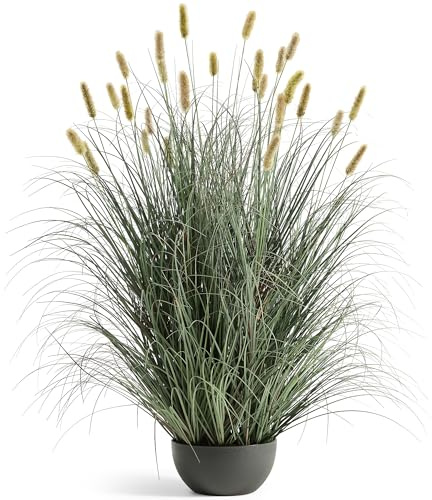FloraFairy 4ft Onion Grass, Artificial Plant and Greenery, Fake Floor Plants Indoor Outdoor, Potted Faux Green Bristlegrass with Yellow Spikes, Large Size Horsetail Reed Grass, House Decorative