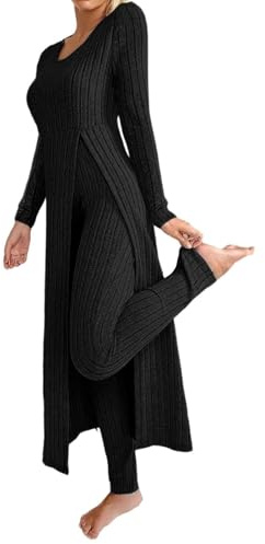 KBOPLEMQ Tuta da donna in due pezzi, a maniche lunghe, a coste, top e leggings, set da due pezzi, per il tempo libero, casual, da jogging, a maglia, pantaloni lunghi, O nero., M